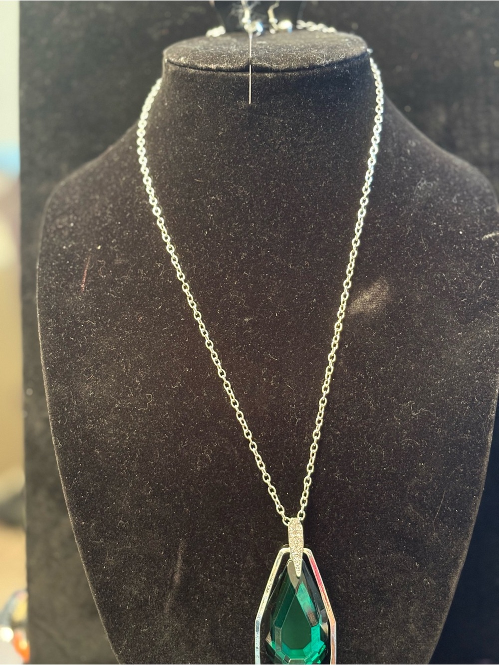 Faceted Emerald Green Teardrop Pendant Necklace - Silver, long chain